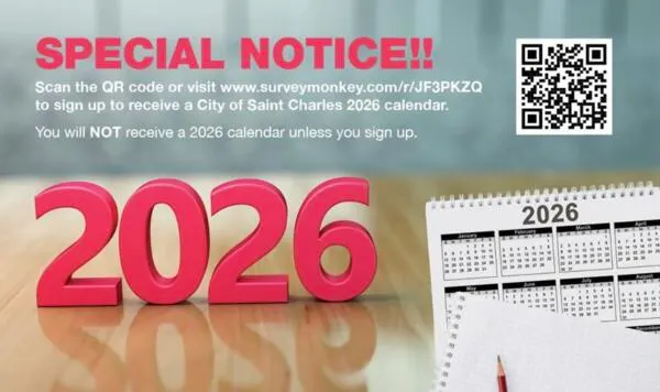 Celebrate Saint Charles All Year, Free 2026 Calendar!: free sample: Get a FREE 2026 City of Saint Charles Calendar with Free Shipping! The City of Saint Charles in Miss