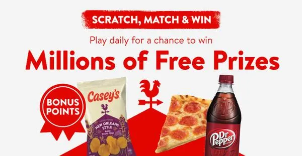 Enter the Casey's Sweepstakes and WIN Free Food, Drinks, Bonus Points & More Instantly! — free sample: In this game, participants can match and scratch digital cards to reveal potential prizes. These cou